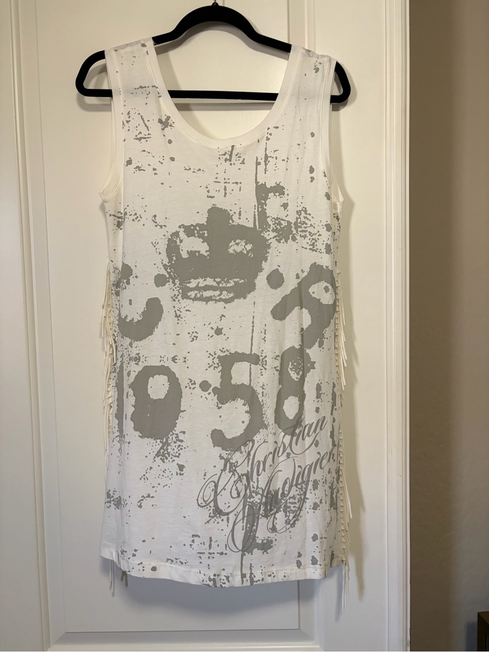 RARE👑Vintage🪽Christian Audigier White & Gray Graphic Fringe Tank Dress👑